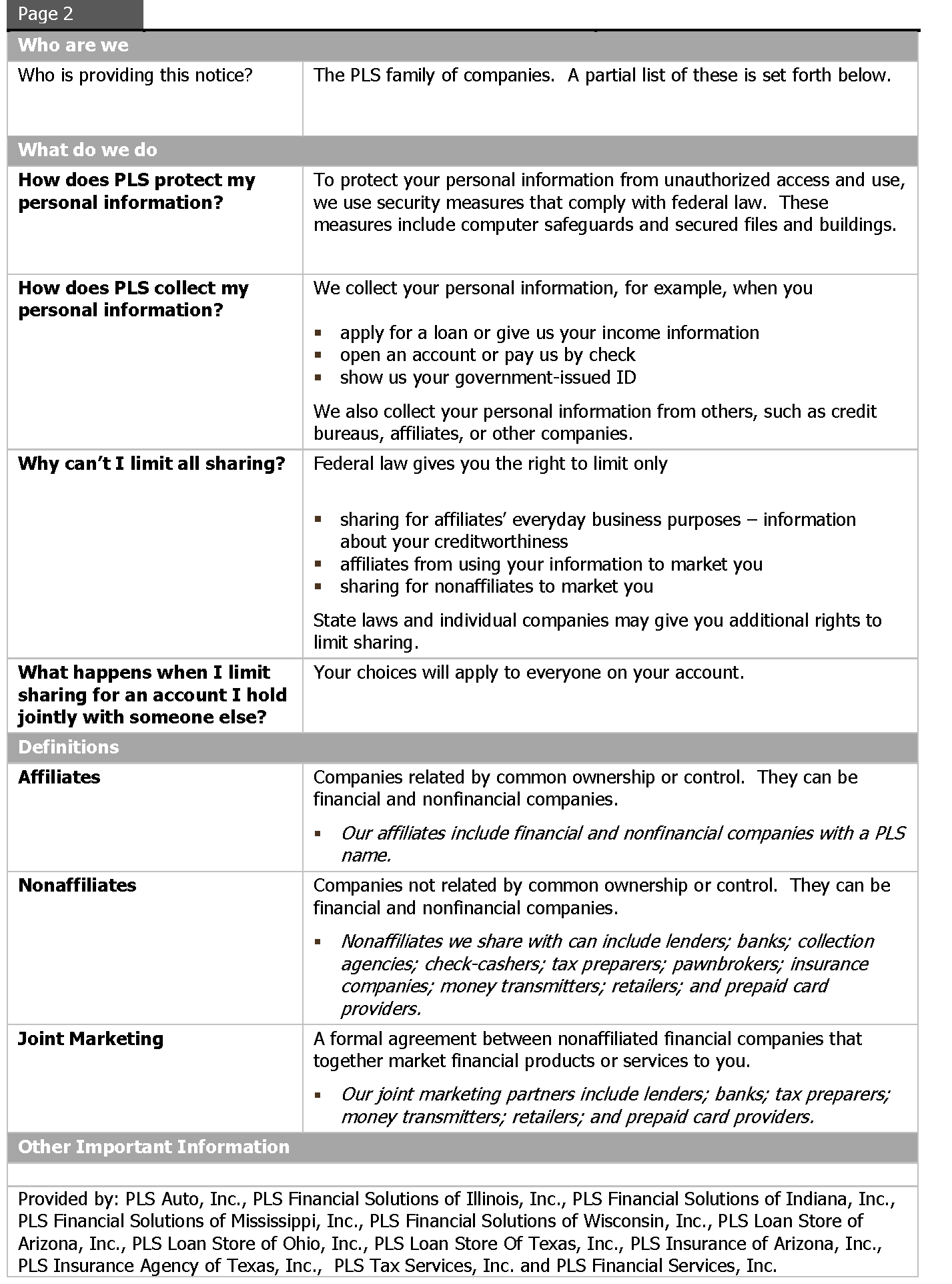 Screenshot of PLS Privacy Notice - Part 2